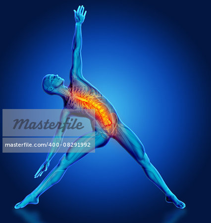 3D render of a male medical figure in yoga pose with spine highlighted
