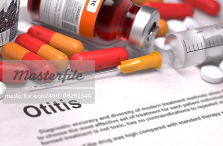 Otitis - Printed Diagnosis with Red Pills, Injections and Syringe. Medical Concept with Selective Focus.