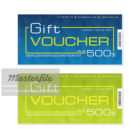 Templates collection of modern futuristic gift vouchers in blue and green. Designed for gift coupon, invitation, certificate. Text outlined free font Lato