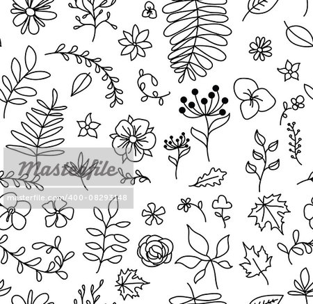 Vector floral seamless pattern in doodle style. Black and white colors. Hand drawn.