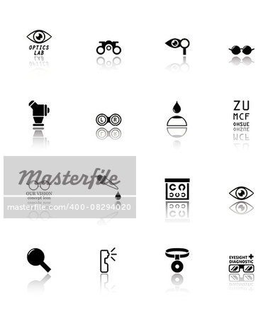 isolated black optometry icons set with reflection silhouette