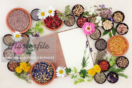 Health care using herbal medicine flower and herb selection with hemp notebook over cream paper background.