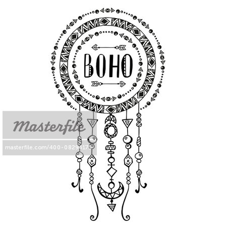 Hand drawn sign in boho style with arrows and beads. Vector illustration isolated on white.