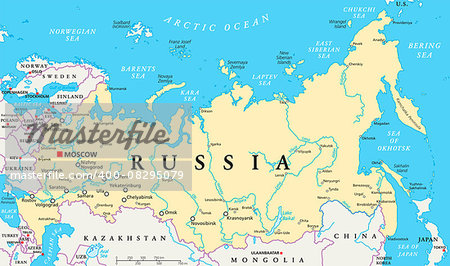 Russia political map with capital Moscow, national borders, important cities, rivers and lakes. English labeling and scaling. Illustration.