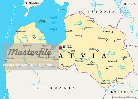 Latvia political map with capital Riga, national borders, important cities, rivers and lakes. English labeling and scaling. Illustration.