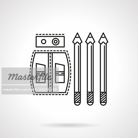Sharpeners and three sharpened pencils. Flat line style vector icon. Items and supplies for school, drawing, office. Elements of web design for business.