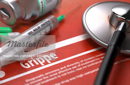 Diagnosis - Grippe. Medical Concept on Orange Background with Blurred Text and Composition of Pills, Syringe and Stethoscope. Selective Focus.