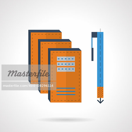 Yellow copybooks and blue pen. Items for writing. Flat color vector icon. Design elements for site, business or mobile.