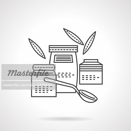 Three jars with organic or baby food, spoon and leaves. Flat thin line vector icon. Design elements for site, business or mobile.