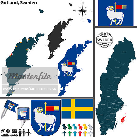 Vector map of county Gotland with coat of arms and location on Sweden map