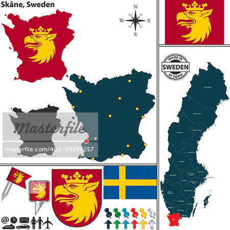 Vector map of county Skane with coat of arms and location on Sweden map
