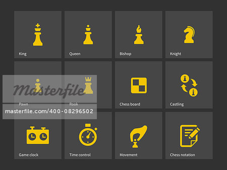 Chess figures and board icons. Vector illustration.