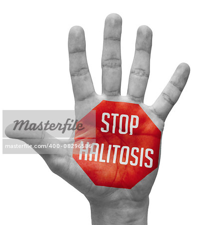 Stop Halitosis Sign Painted - Open Hand Raised, Isolated on White Background.
