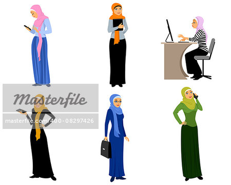 Vector illustration of a six modern muslim girls