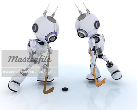 3D Render of Robots playing ice hockey