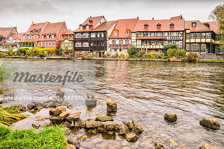 Image of "Little Venice" in Bamberg, Germany, Franconia with river Regnitz on a cloudy day