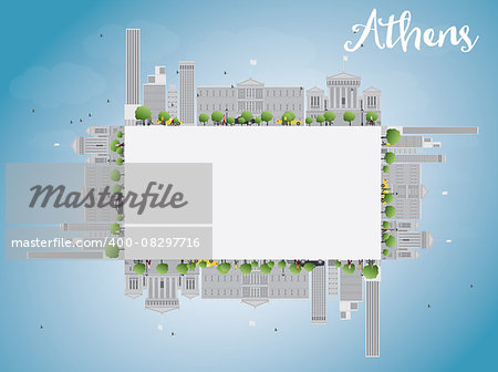 Athens Skyline with Grey Buildings, Blue Sky and copy space. Vector Illustration