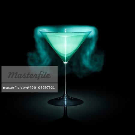 A blue smoking cocktail glass in front of a black background