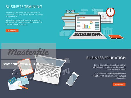 Flat design modern vector illustration concept of education, business, marketing, e-mail marketing, management with laptop, books, clock, glasses and mobile  phone - eps10
