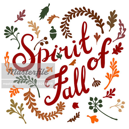 Vignette of autumn leaves . Autumn, leaves, includes text Spirit of Fall  Vector illustration