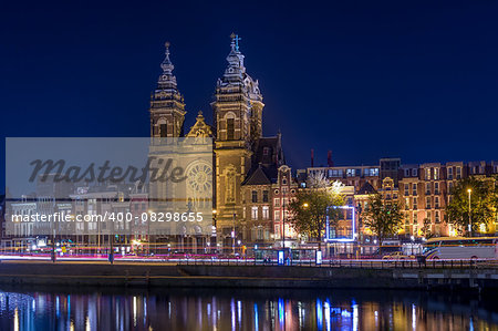 Night photo of St. Nicholas church in Amsterdam