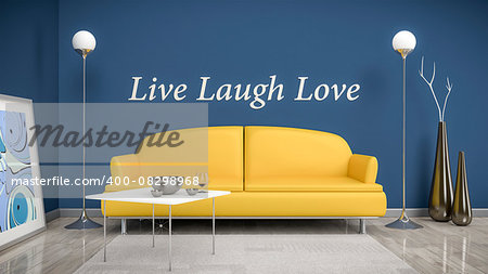 3d interior render image of an orange sofa in a blue room with the text live laugh love on the wall