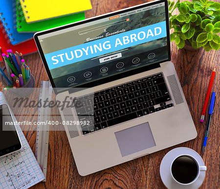 Studying Abroad on Laptop Screen. Online Working Concept.