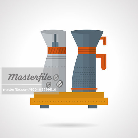 Coffee making equipment with beans grinder and coffee pot. Flat color style vector icon. Single design elements for website, mobile and business.