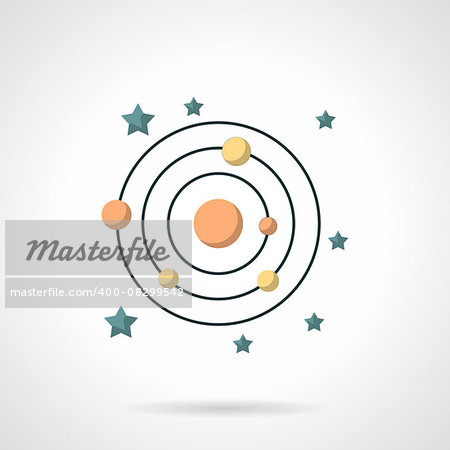 Abstract symbol of solar system with planet orbits and stars. Astronomy and astrology. Flat color style vector icon. Buttons and design elements for website, mobile app, business.