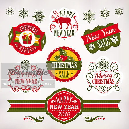 Collection of Christmas and New Year decoration elements and labels