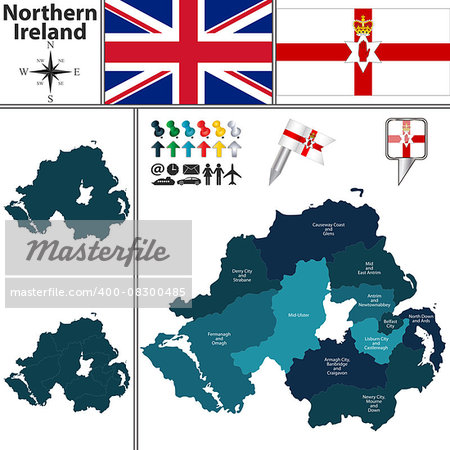 Vector map of Northern Ireland with subdivisions and flags