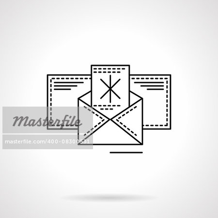 Greetings postcard with abstract snowflake in a blank envelope. Merry Christmas and Happy New Year symbol. Flat line style vector icon. Buttons and design elements for website, mobile app, business.