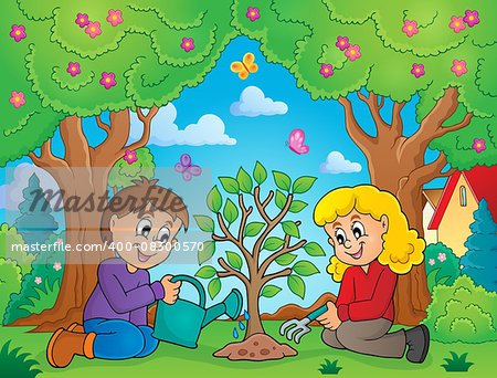 Kids planting tree theme image 2 - eps10 vector illustration.