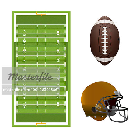 A set of American football elements, field, helmet, and ball isolated on white. Vector EPS 10 available. EPS file contains transparency and gradient mesh.