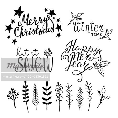 Set of Christmas hand drawn graphic elements on white background