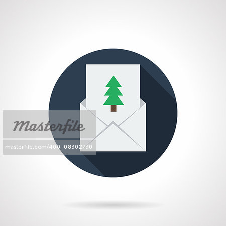White blank envelope and greeting card with green fir tree. Merry Christmas and Happy New Year. Winter holidays. Blue round flat color vector icon. Single web design element for mobile app or website.