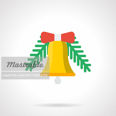 Yellow Christmas bell with red bow and two green pine branch. Traditional winter celebration decor. Flat color style vector icon. Single web design element for mobile app or website.