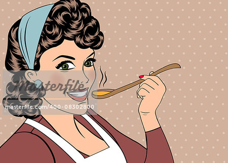 pop art retro woman with apron tasting her food. vector illustration