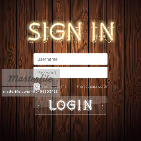 Web Login Form Template with Neon Lights on Wooden Background. Used pattern brushes included. There are fastening elements in a symbol palette.