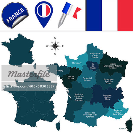 Vector map of France with named regions and travel icons. According to the law in 2014 by French Parliament that reduced the number of regions from 22 to 13.