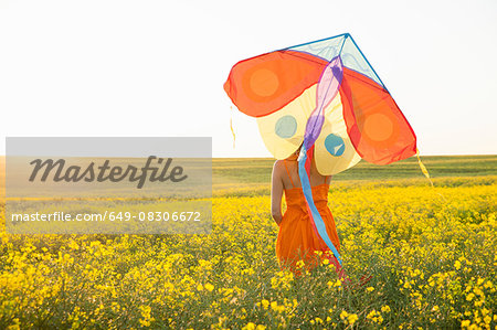 Rear view of mid adult woman in canola field arm raised holding kite