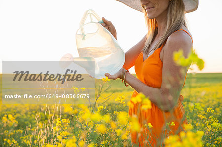 Cropped view of mid adult woman watering canola with transparent watering can