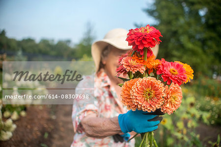 Portrait of senior female farmer holding a bunch of fresh cut flowers