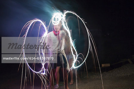 Two adult friends making sparkler angel wings in darkness on Independence Day, USA