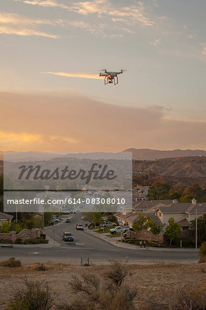 Drone flying above housing development, Santa Clarita, California, USA