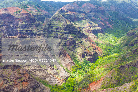 beautiful aerial view from helicopter at waimea canyon at kauai, hawaii