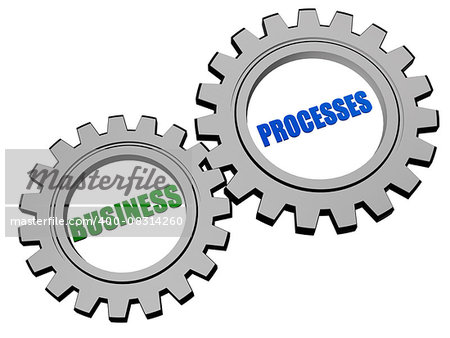 business processes - text in 3d silver grey metal gear wheels, business workflow concept words