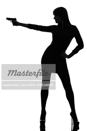 one  sexy detective woman holding aiming gun in silhouette studio isolated on white background