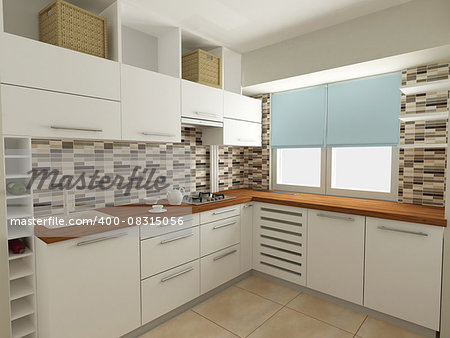 white modern kitchen interior, 3d render