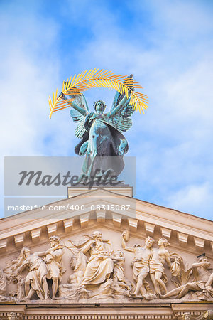 statue adorn front of Lviv State Academic Opera and Ballet Theatre. Theatre (1897 - 1900) was built in classical tradition of Renaissance and Baroque architecture. Ukraine